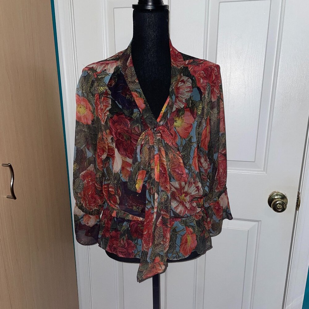 Haute Hippie Floral Sheer Blouse in Red and Green - Picture 3 of 11